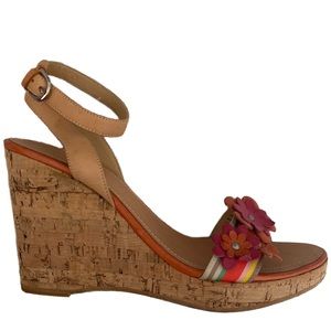 COACH Morgan Ribbon & Flowers Cork Wedge sandals